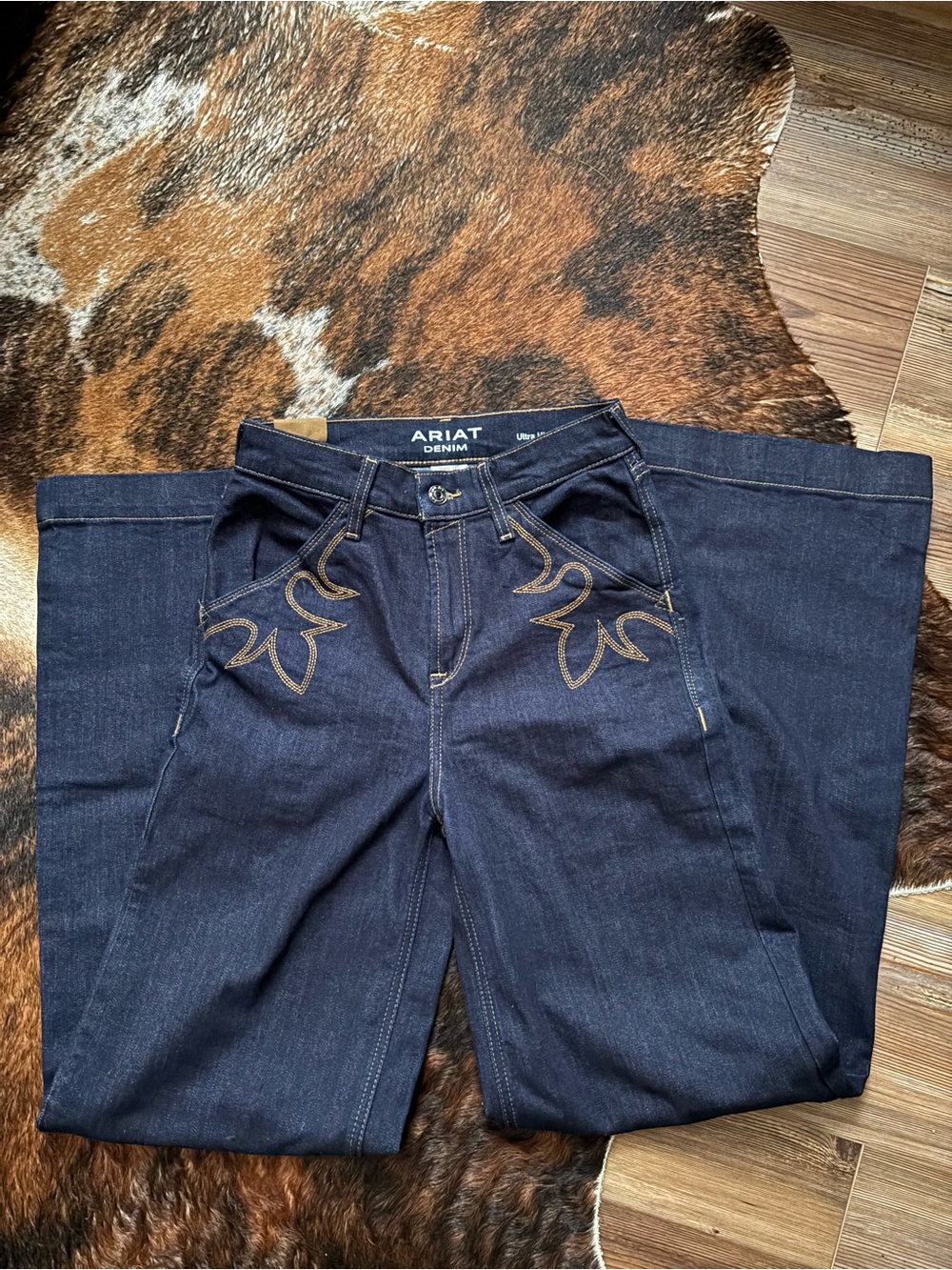 Ariat Dark Blue Denim Wide-Leg Jeans with Embroidered Front Detail